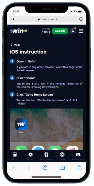 A smartphone displaying casino site with instruction how to add app to IOS home page