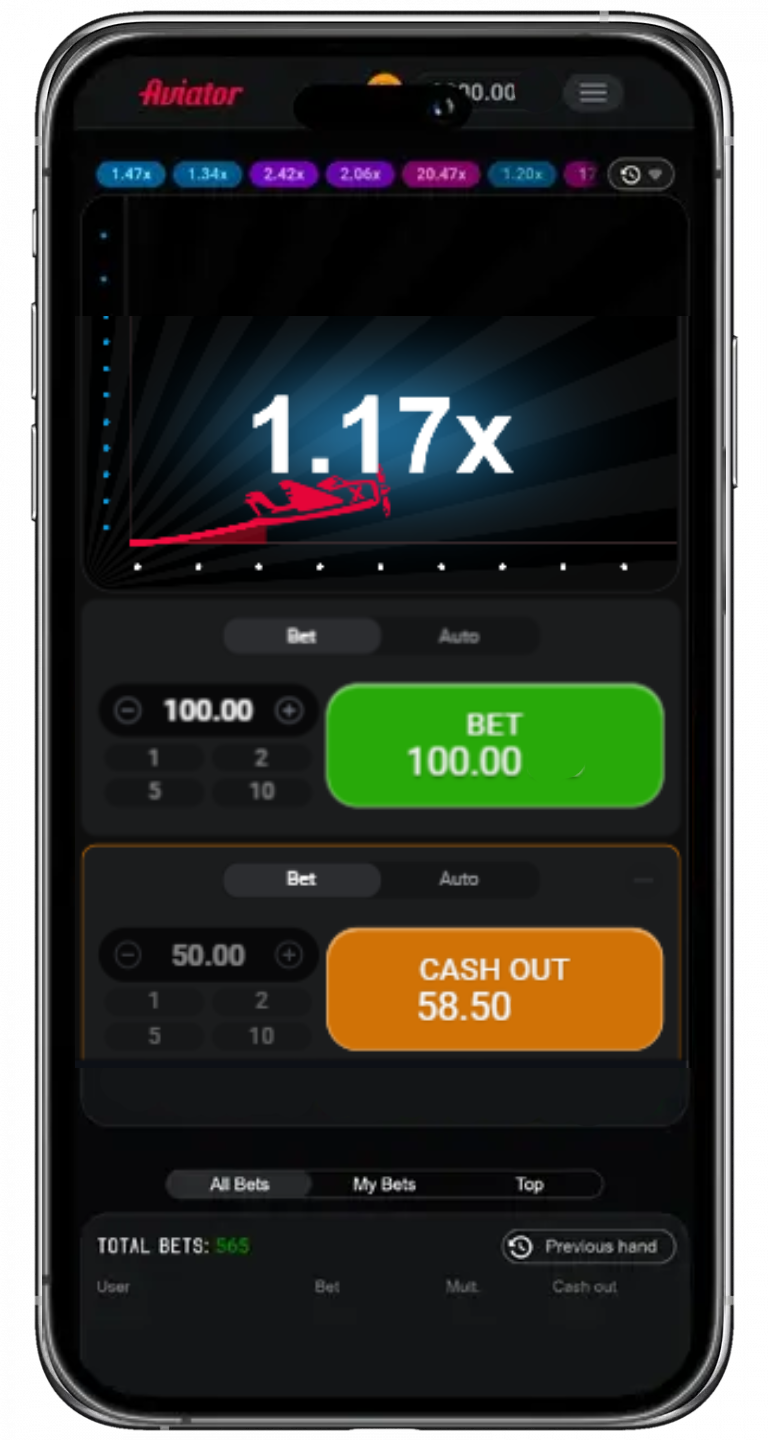 A smartphone displaying Aviator game with betting options and increasing multiplier