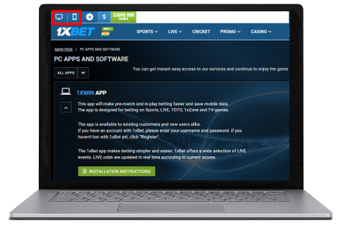 A laptop displaying casino site with instruction how to install app for PC