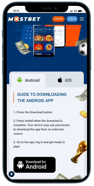 A smartphone displaying casino site with instuction how to download app for Android